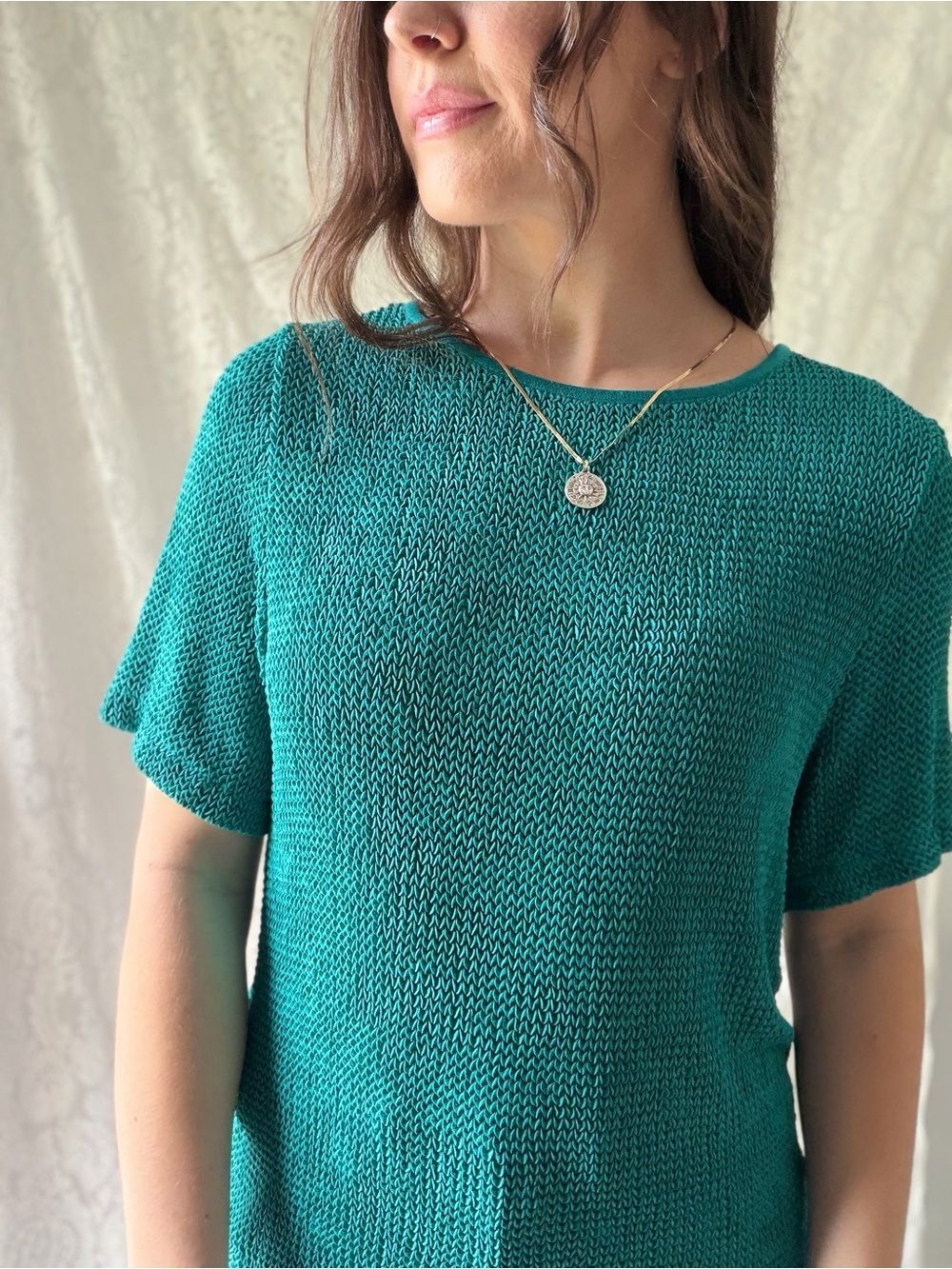 Vintage Peter Popovitch Petite Teal Open Knit Top Short Sleeve USA Made Medium